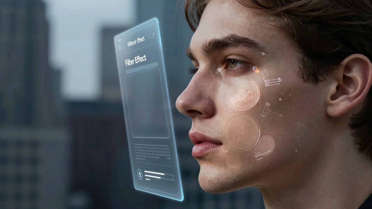 Close-up of a face with a digital social media filter highlighting aesthetic points