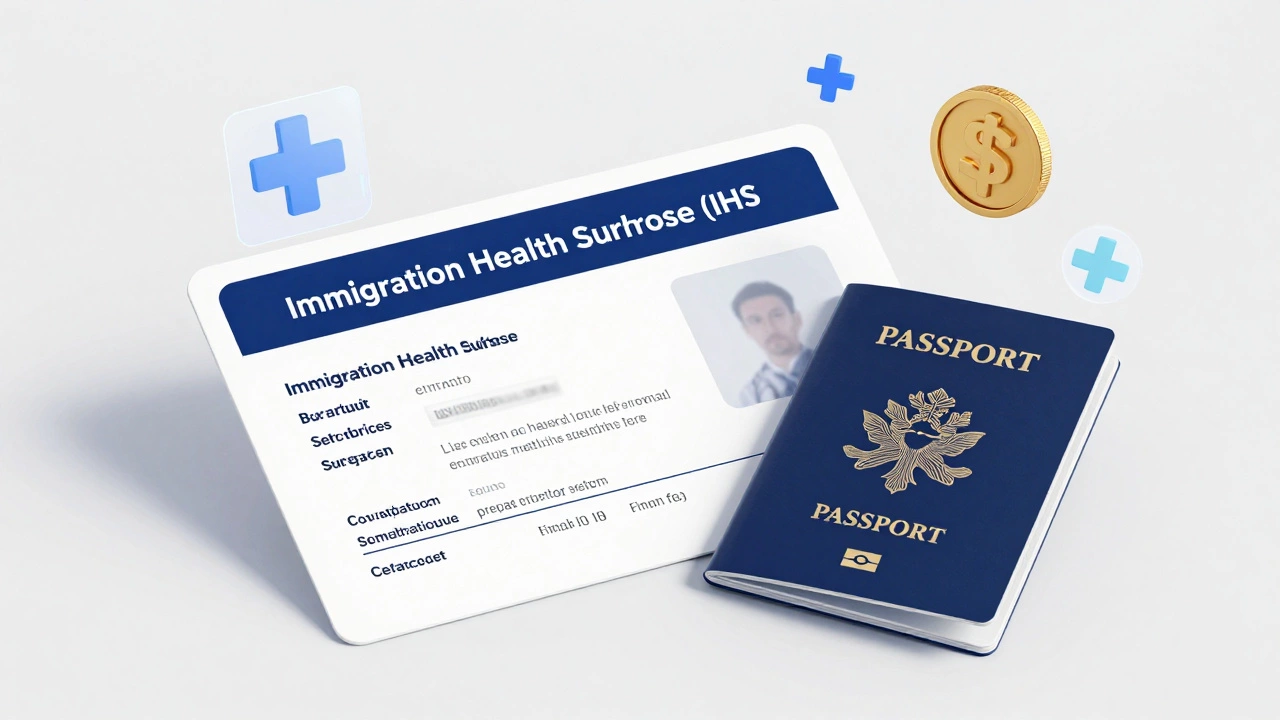 Conceptual image of a UK visa and medical symbols representing the health surcharge fee.