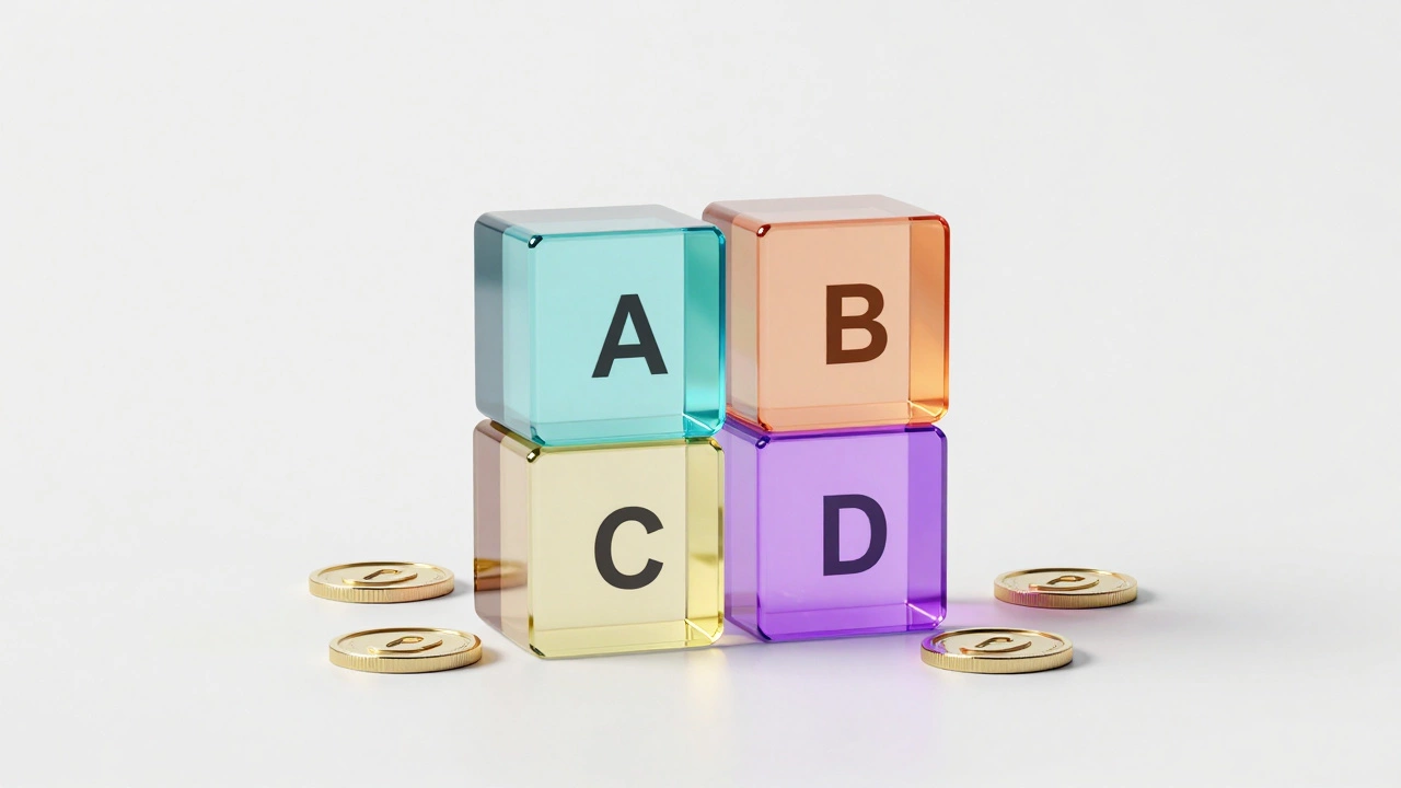 Four colored translucent glass cubes representing different Medicare plan parts