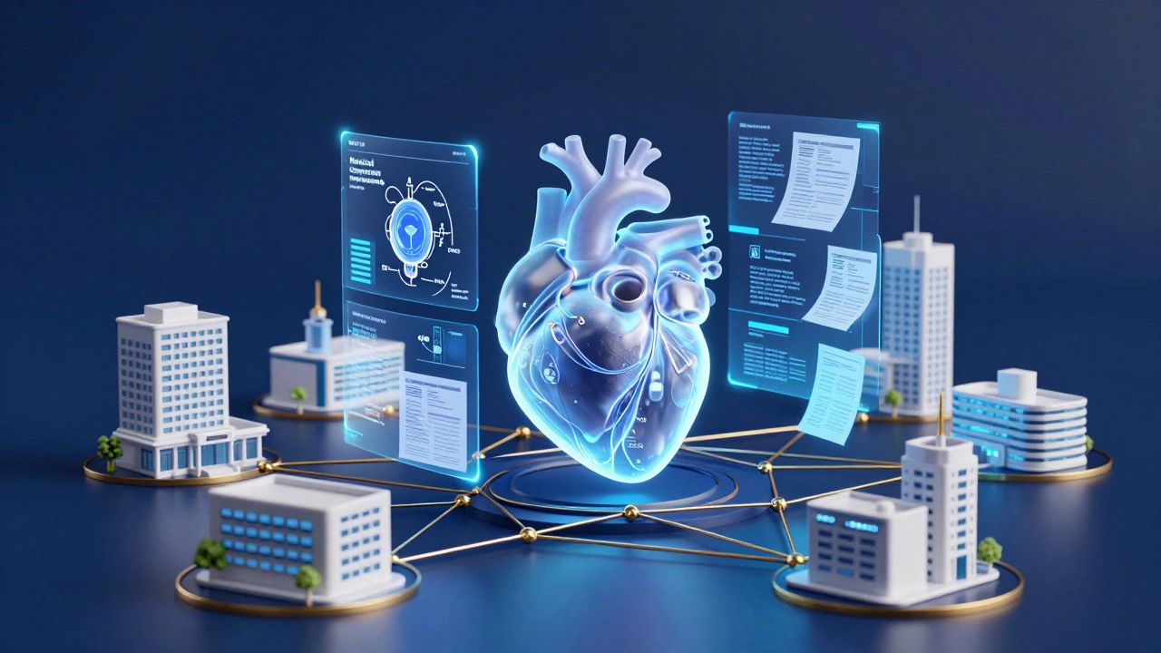 Holographic medical patents and blue blueprints surrounding a digital human heart.
