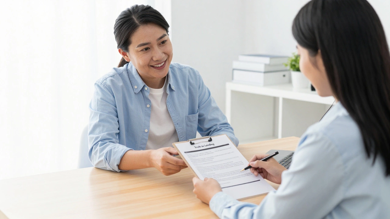 Patient and clinic coordinator reviewing financial documents together