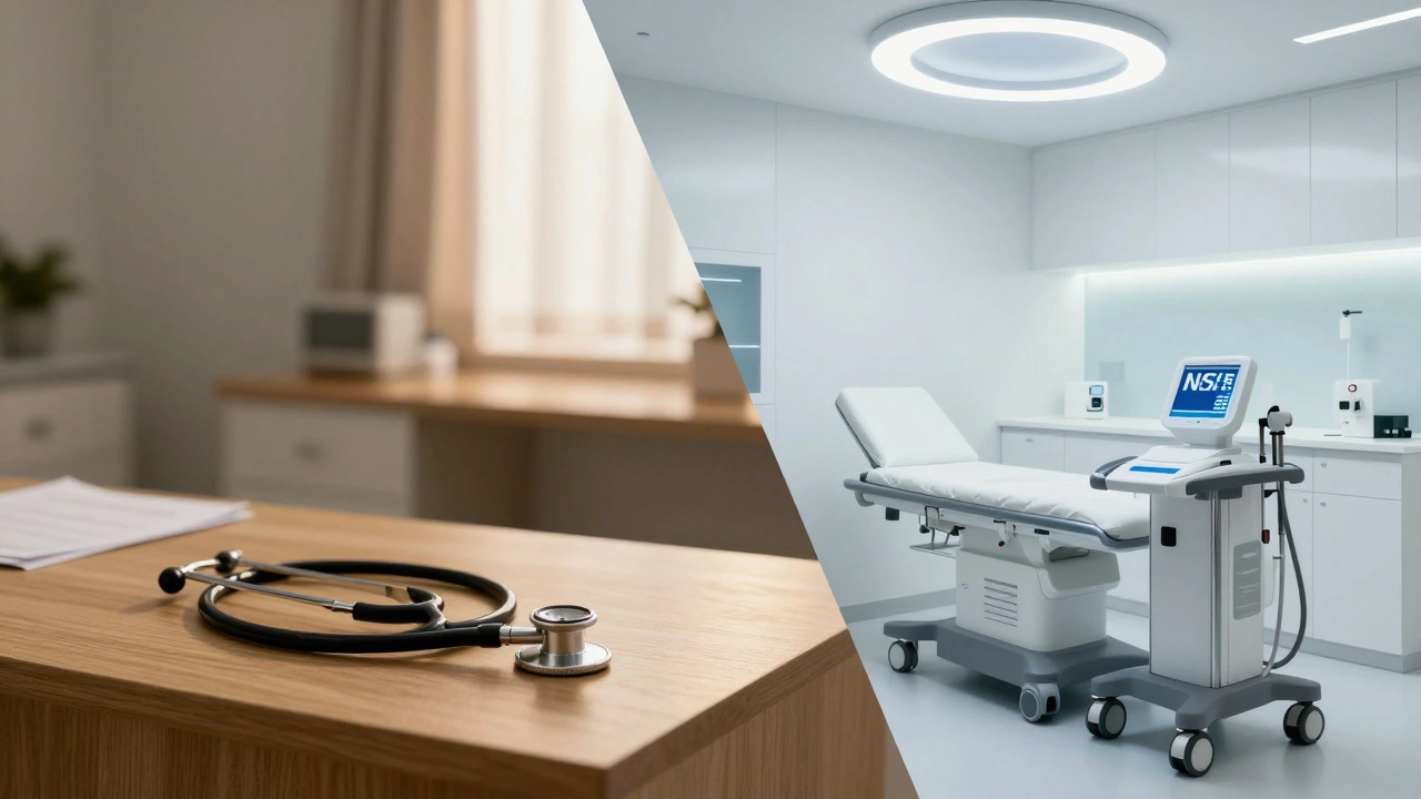 Split screen comparing a traditional NHS GP office and a modern private medical clinic.