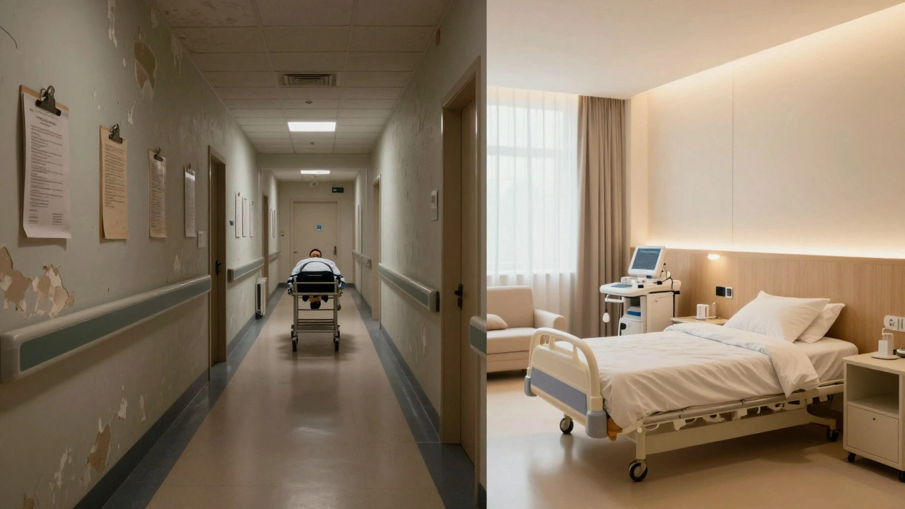 Split screen showing a dated public hospital corridor versus a modern private clinic.
