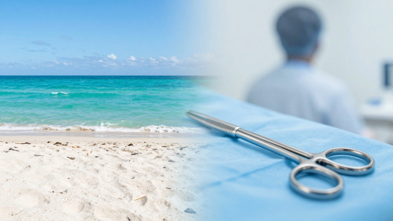 Split screen showing Miami beach and a professional cosmetic surgery setting