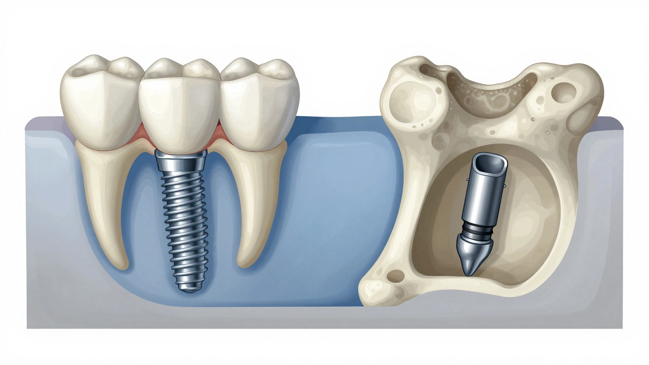 Cross-section comparison of healthy bone with implant versus porous bone causing failure