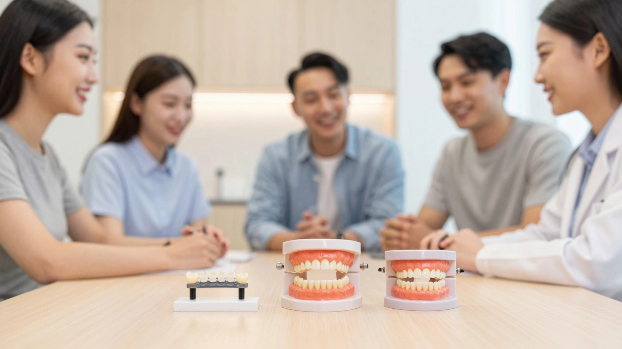 Dental alternatives like bridges and dentures displayed on a clinic table