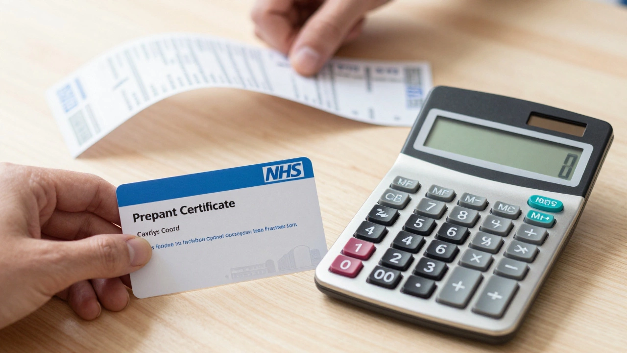 Hands using a calculator next to an NHS prepayment certificate to save money