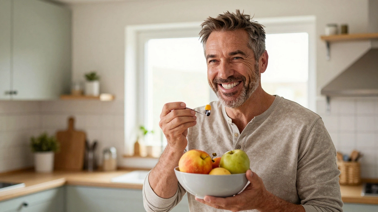 Happy man smiling while eating fruit, showing successful dental implant results