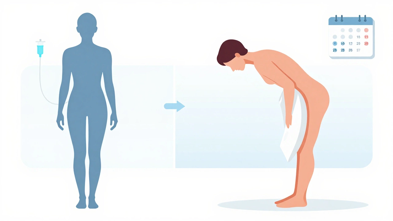 Illustration of patient bending forward after tummy tuck surgery