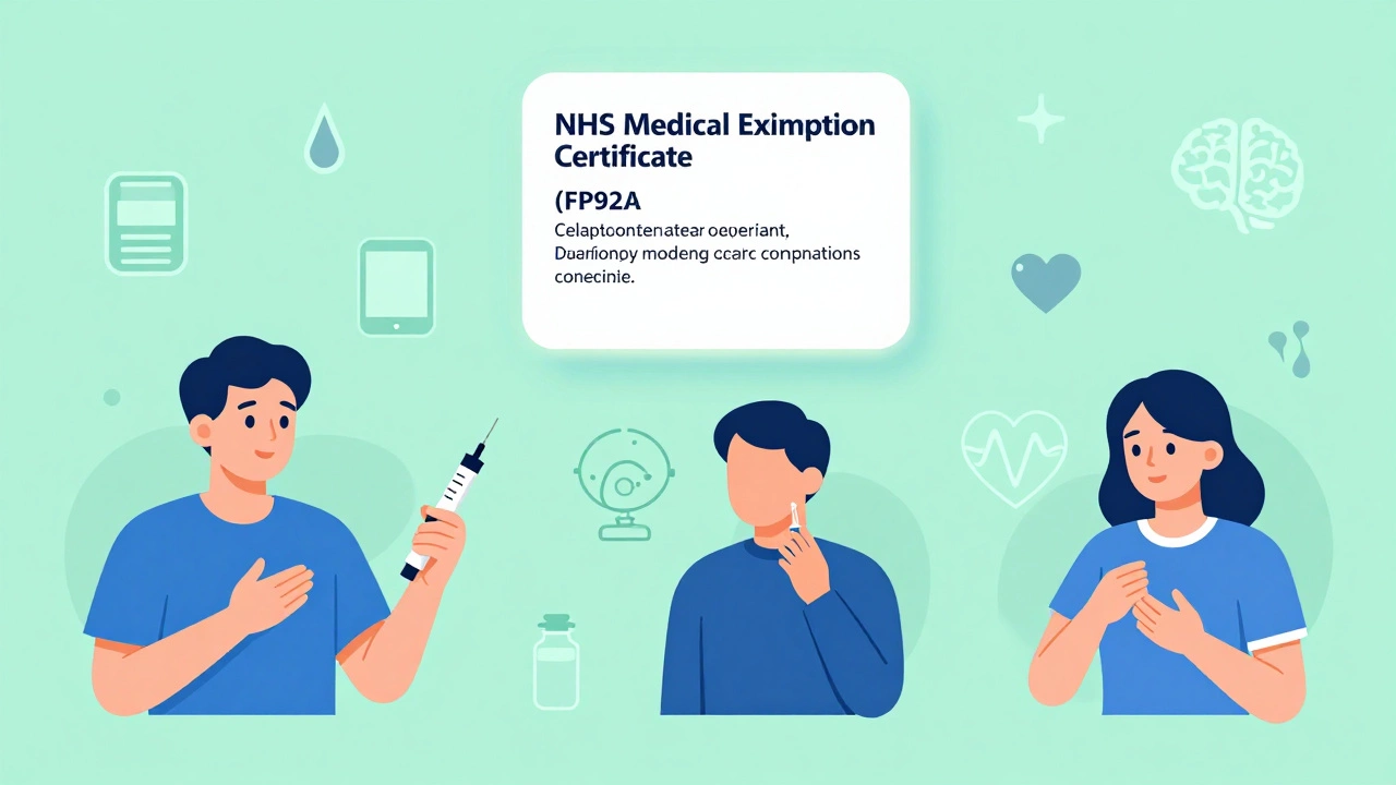 Illustration of patients with diabetes and epilepsy holding NHS exemption certificates