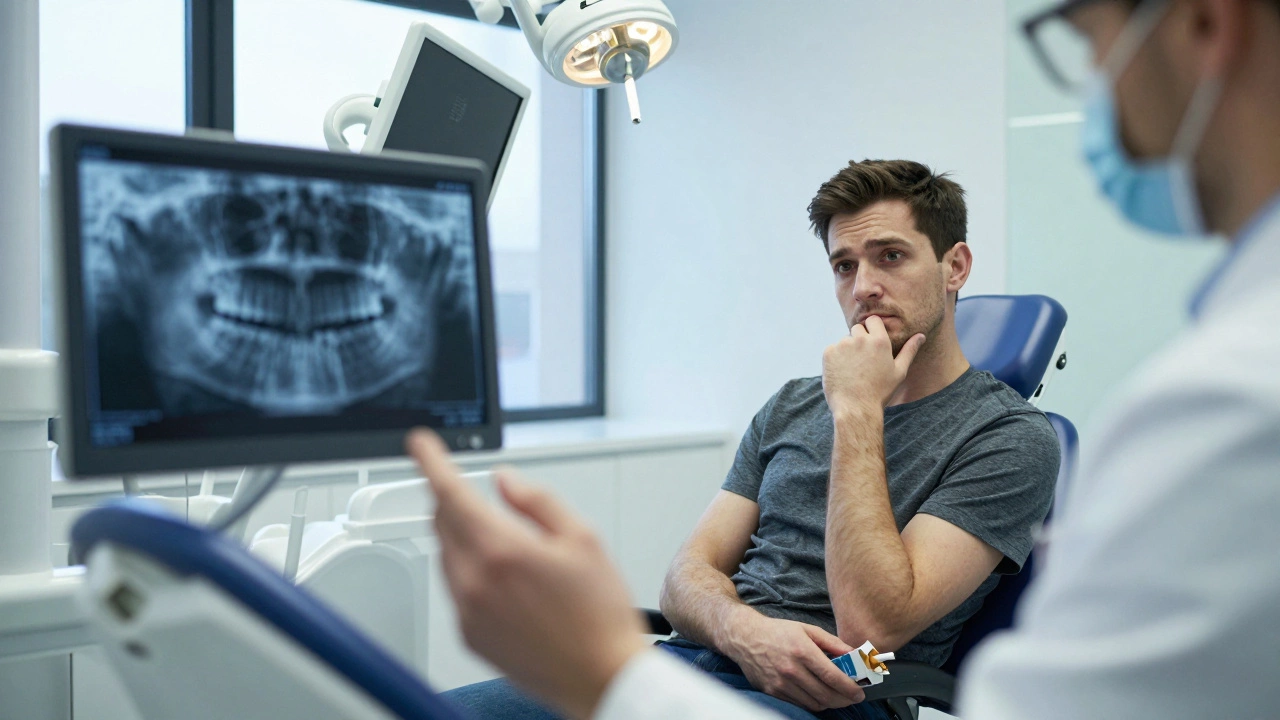 Patient with cigarettes in dental chair, illustrating smoking risks for implants