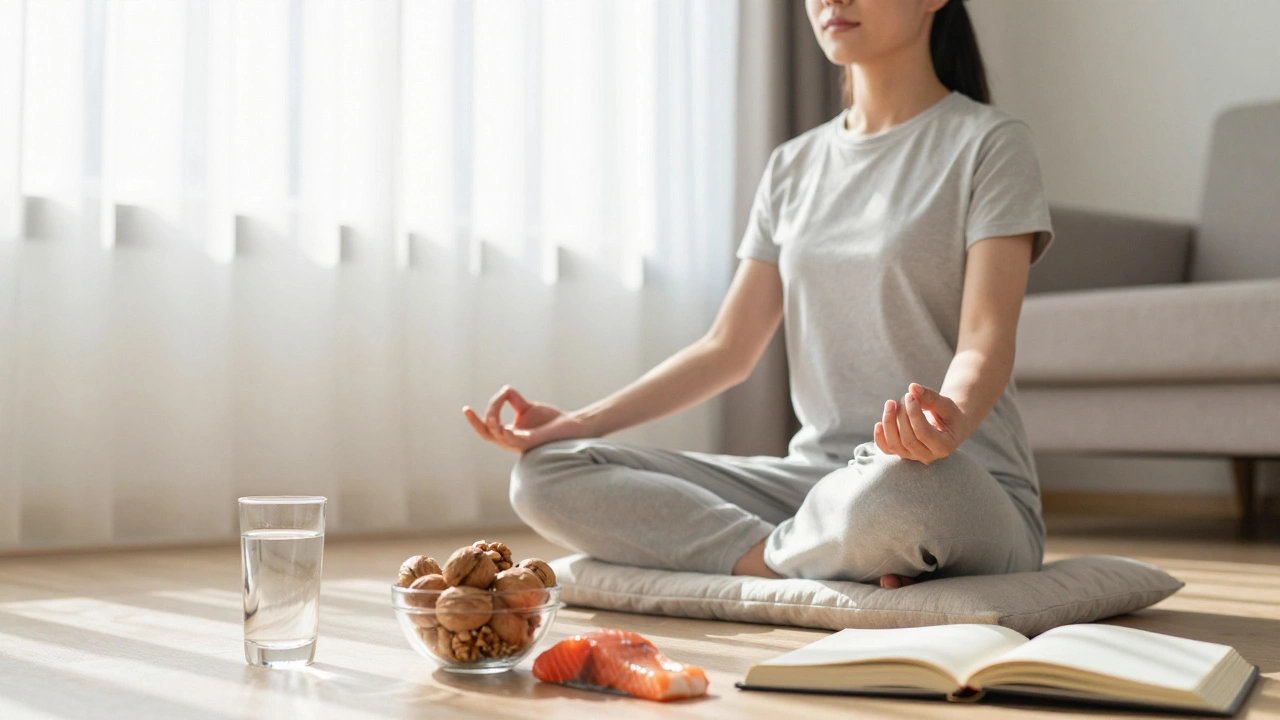 Person meditating in sunlight with healthy food nearby for pain relief