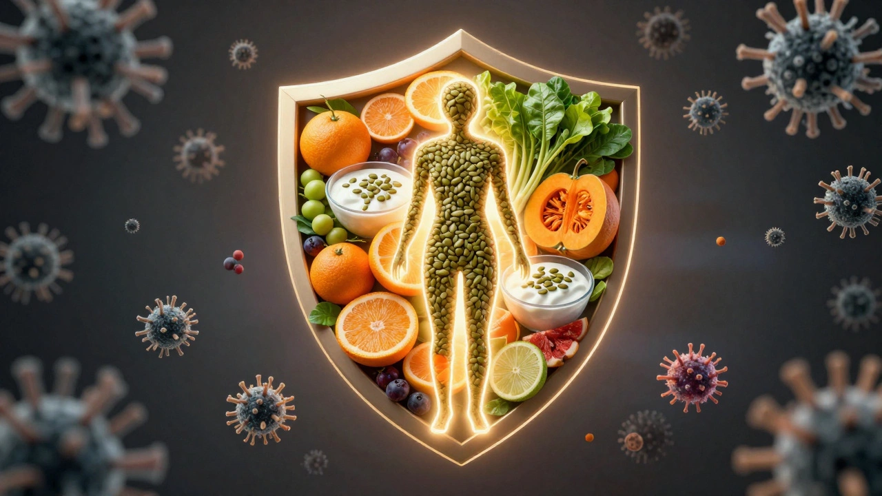 Shield of healthy foods protecting a person from germs