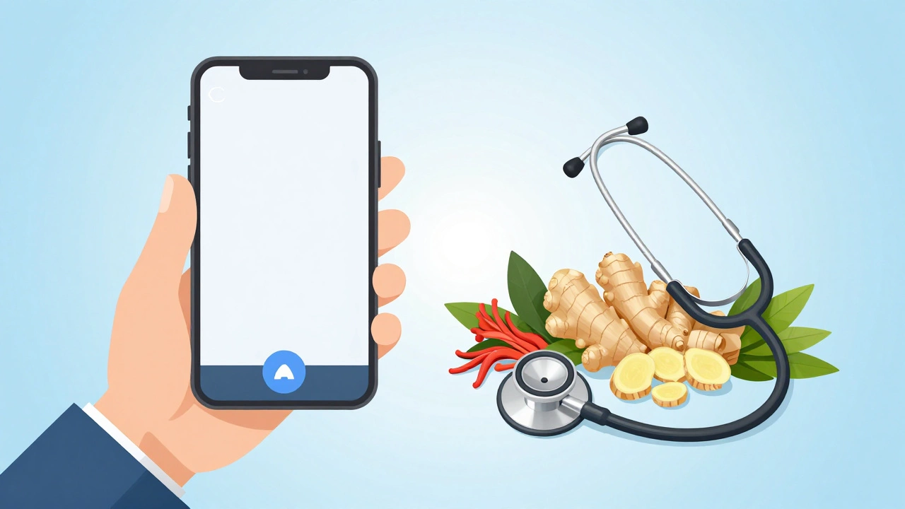 Smartphone video call icon next to herbs and a stethoscope
