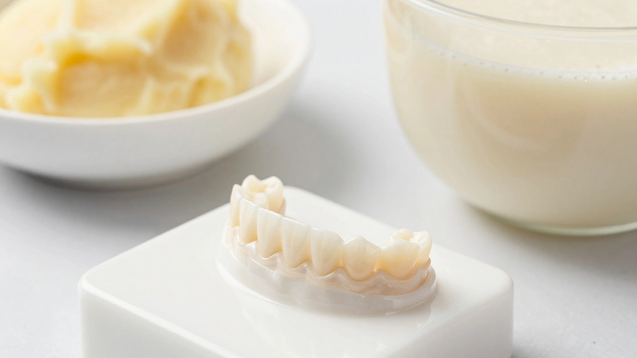 Temporary acrylic dental bridge beside soft food for healing