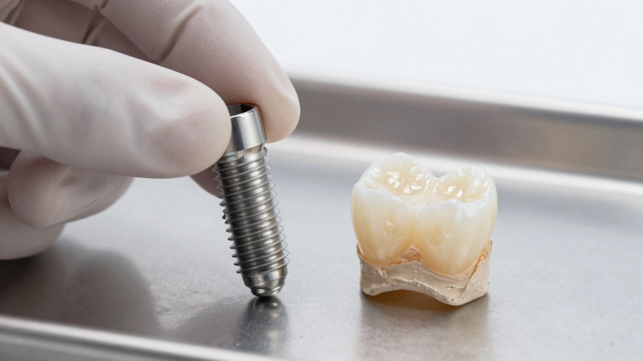 Titanium dental implant post and custom porcelain crown on a sterile tray