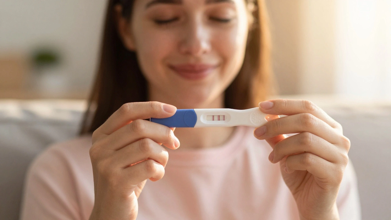 Woman crying tears of joy holding positive pregnancy test