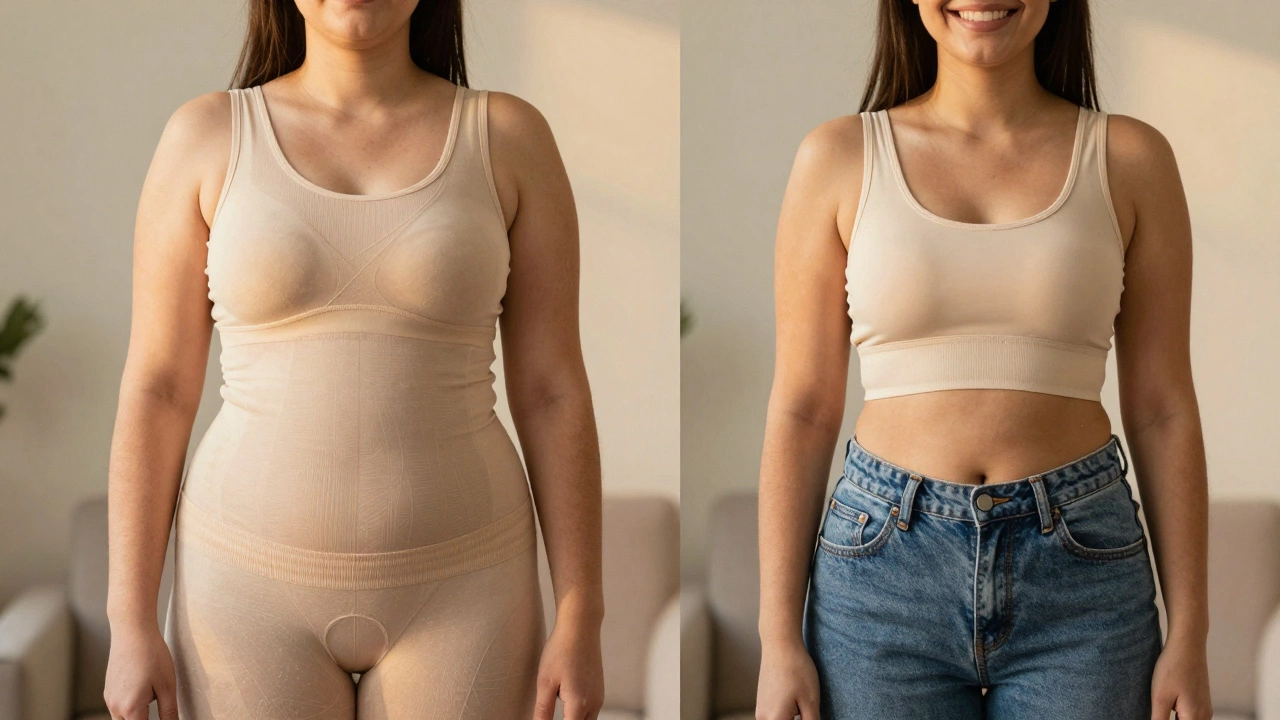 Woman showing before and after results of Lipo 360 surgery