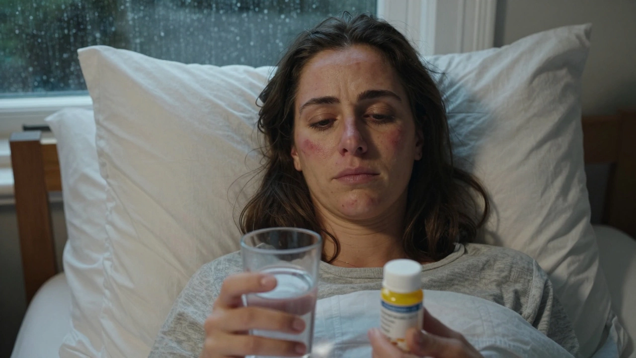 Woman with facial swelling resting with head elevated in bed