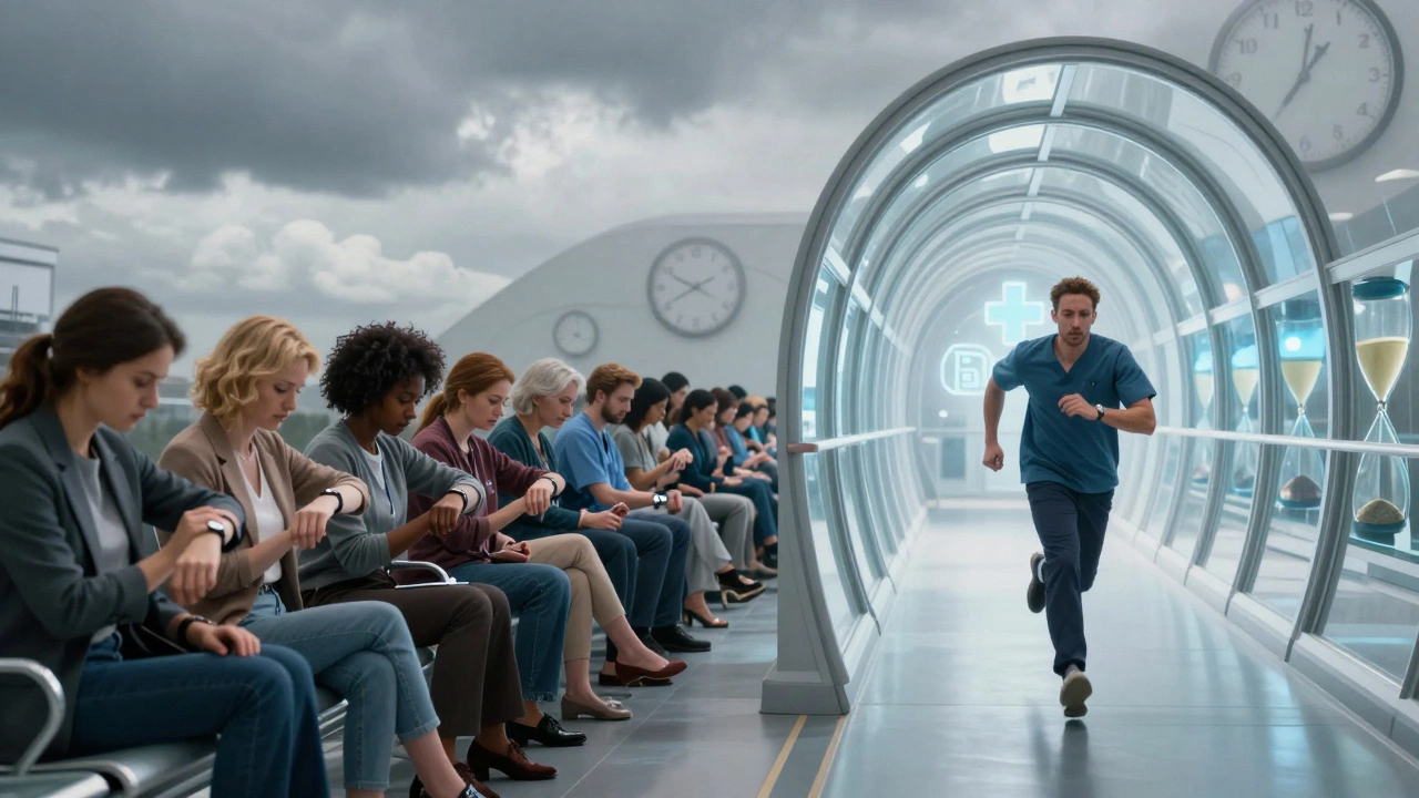 Art depicting long NHS queues vs fast US private healthcare access