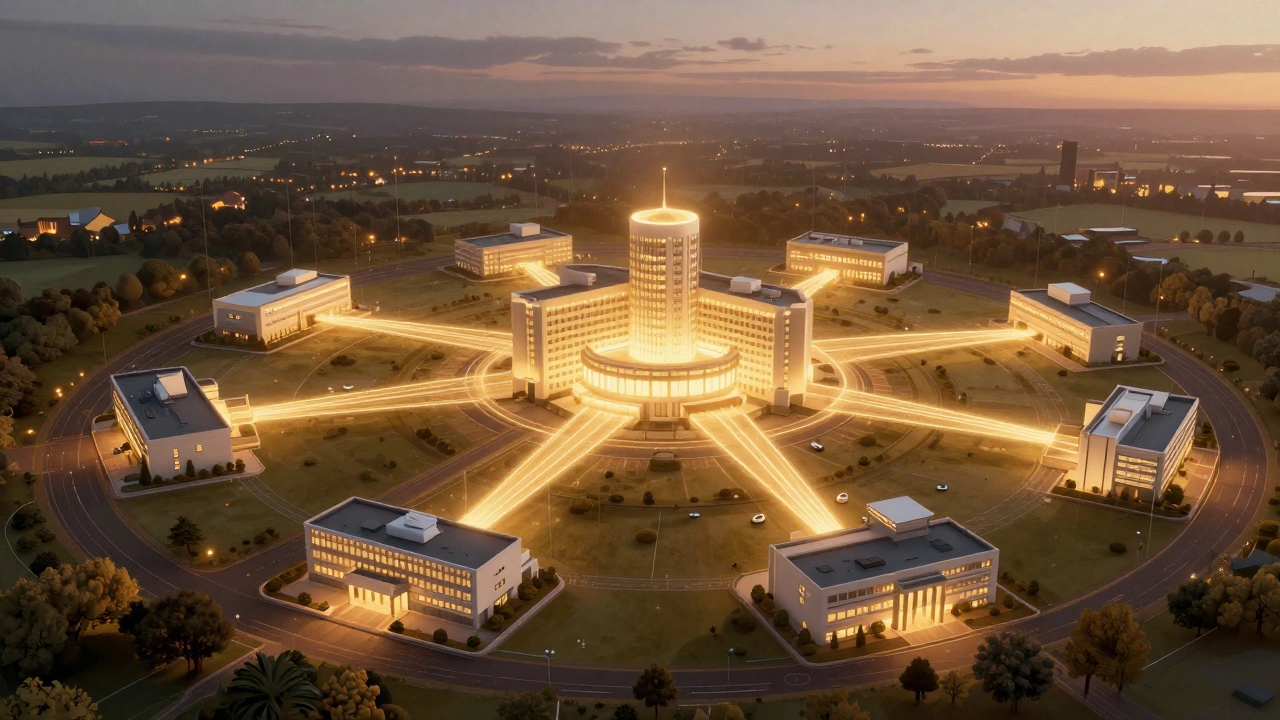 Conceptual art showing a central hospital connected to local clinics