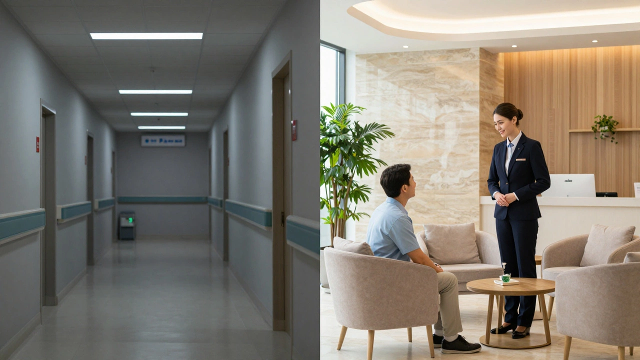 Contrast between sterile hospital corridor and warm luxury lobby