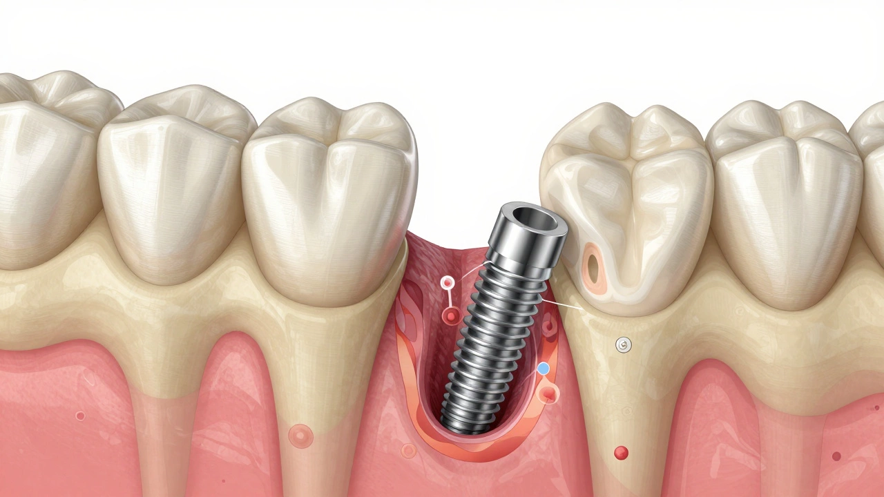 Cross-section diagram showing a dental implant fusing with jawbone