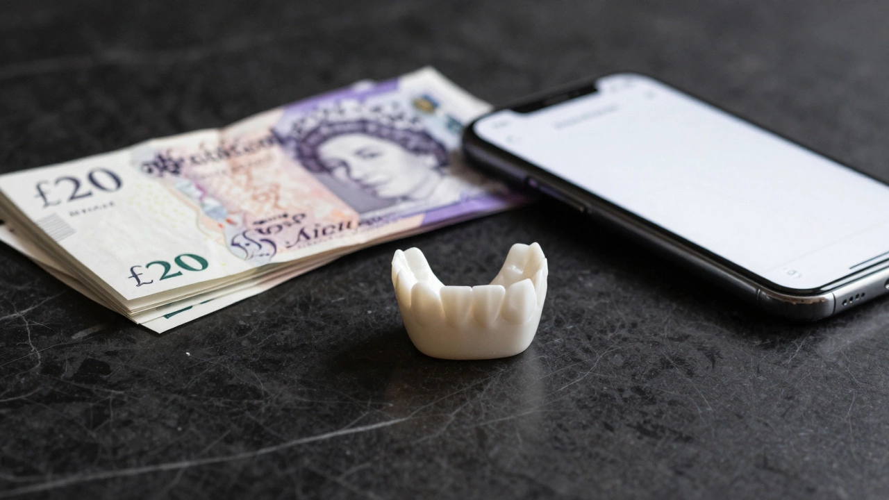 Dental crown and British pounds on a table symbolizing treatment costs