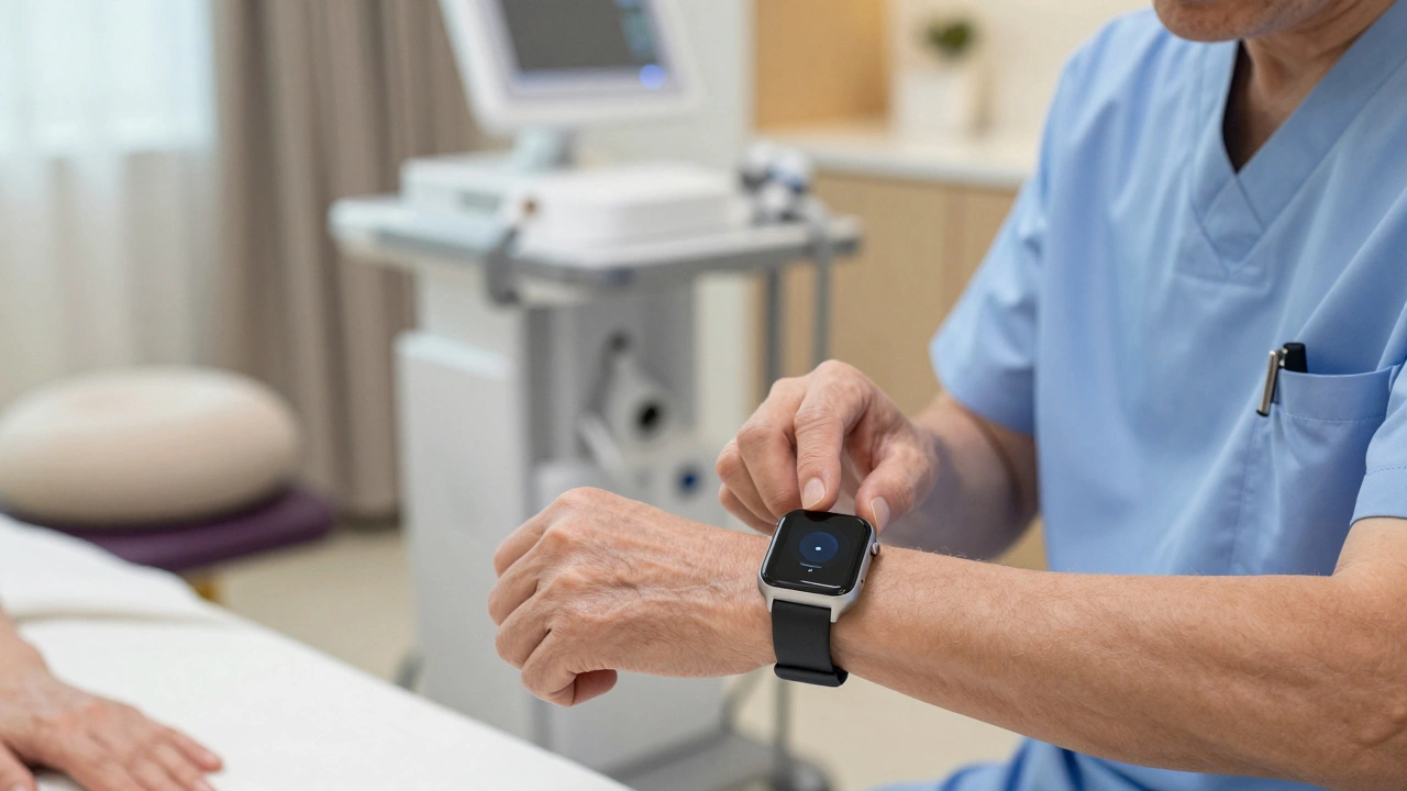 Doctor adjusting smartwatch on patient in serene luxury clinic