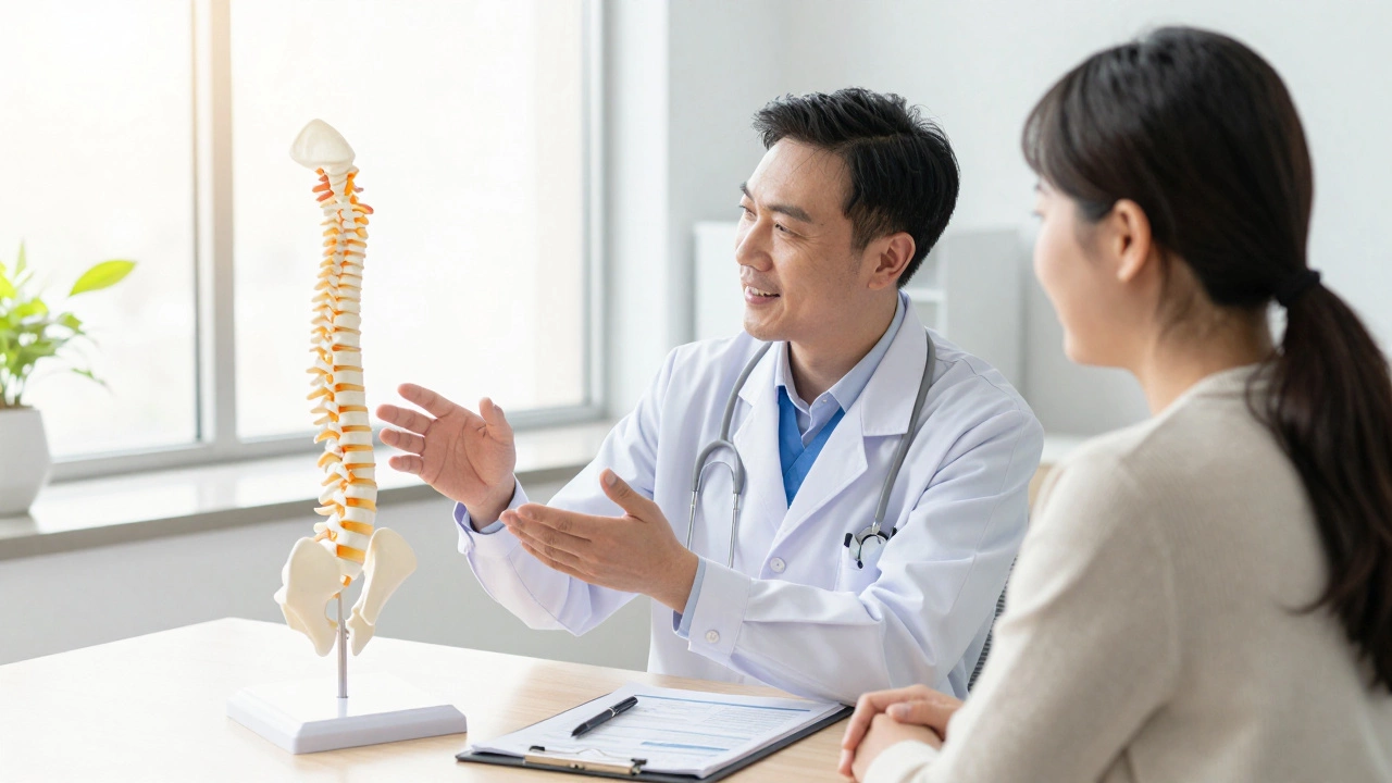 Doctor explaining surgery details to a patient in a bright clinic