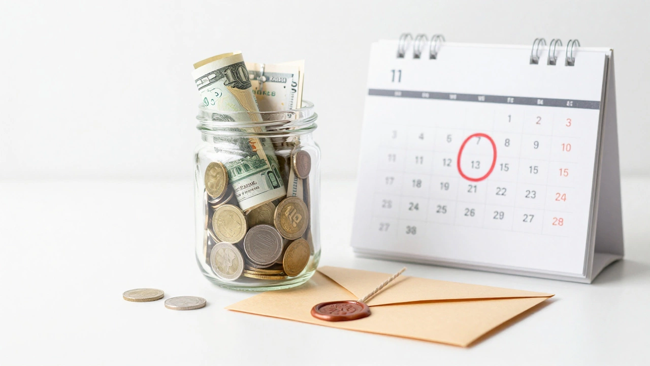 Glass jar with money and a calendar marking a surgery date