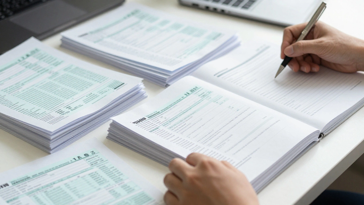 Hands organizing tax forms and investment papers