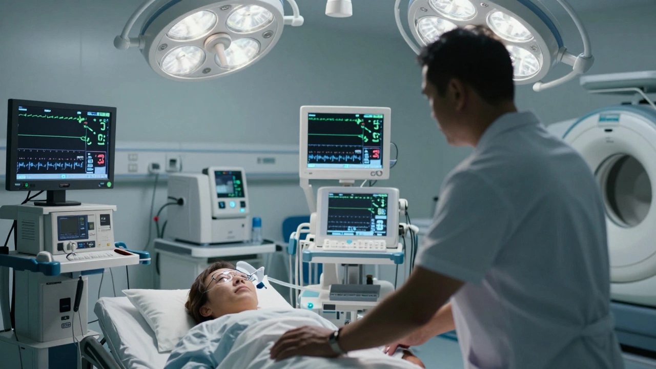 High-tech ICU room with advanced medical monitors and specialist equipment