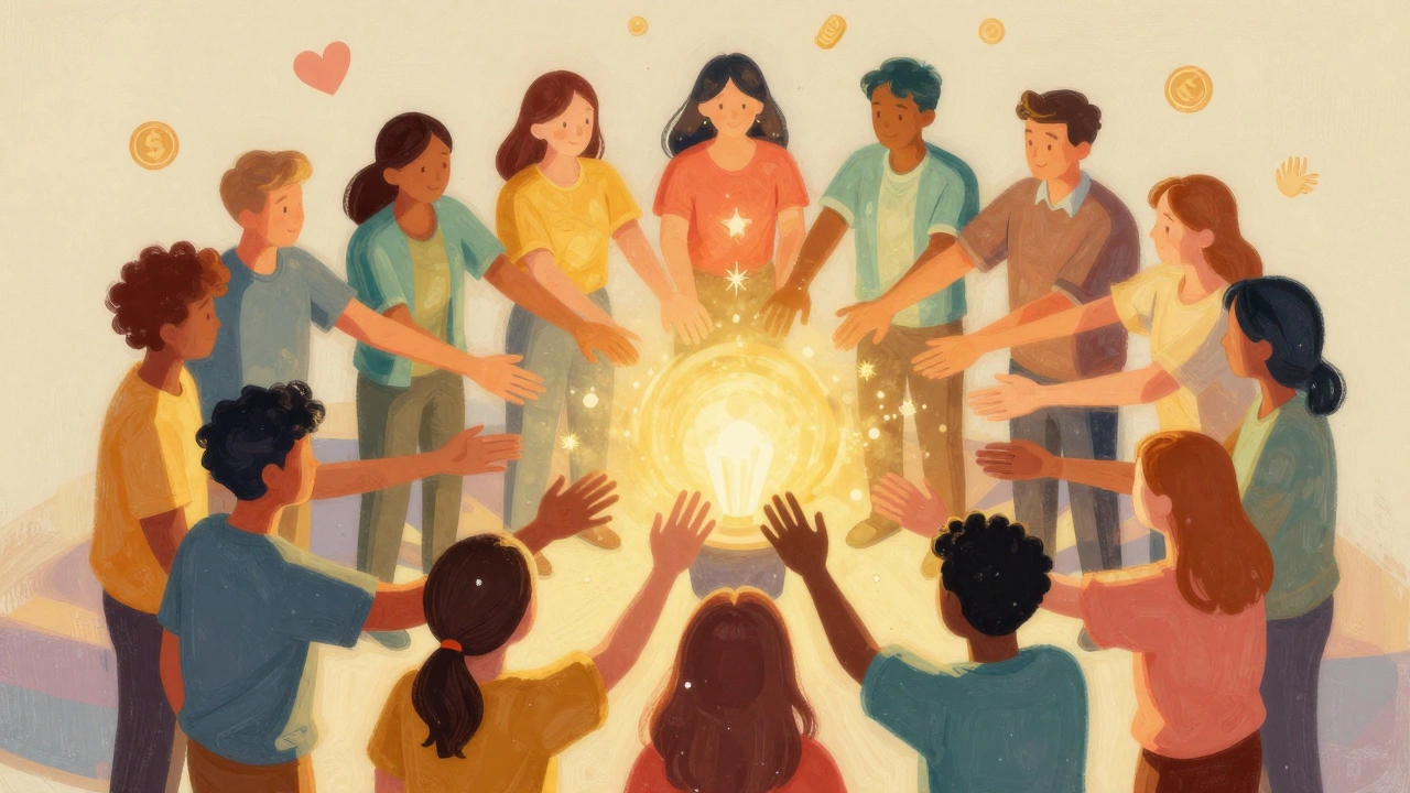 Illustration of diverse people joining hands for community support