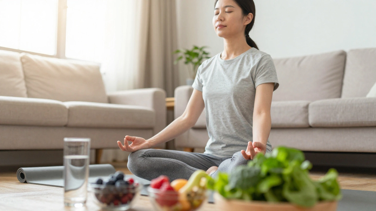Person meditating with healthy food and water nearby