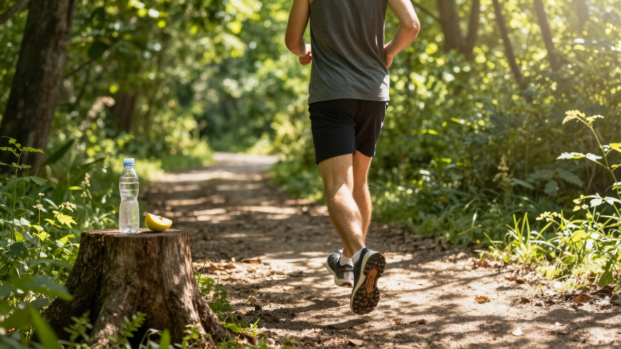 Person walking in a forest with healthy snacks nearby, symbolizing wellness