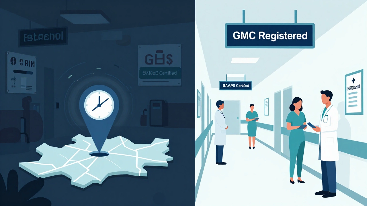 Split illustration comparing risky medical tourism vs safe UK hospital standards