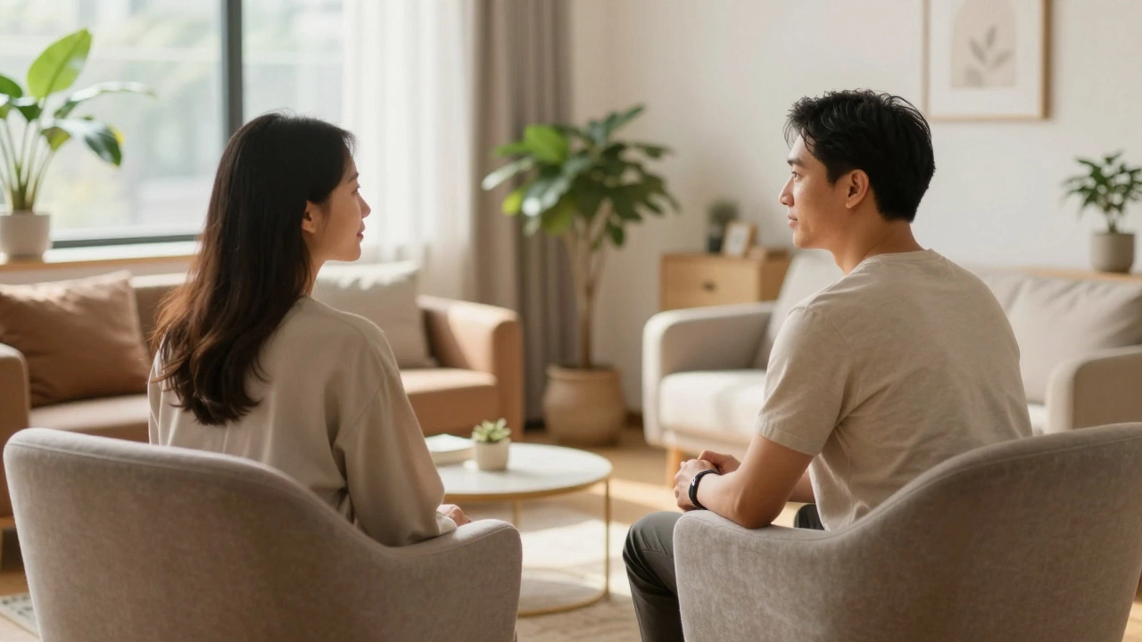 Two people talking in a sunny, comfortable therapy office setting
