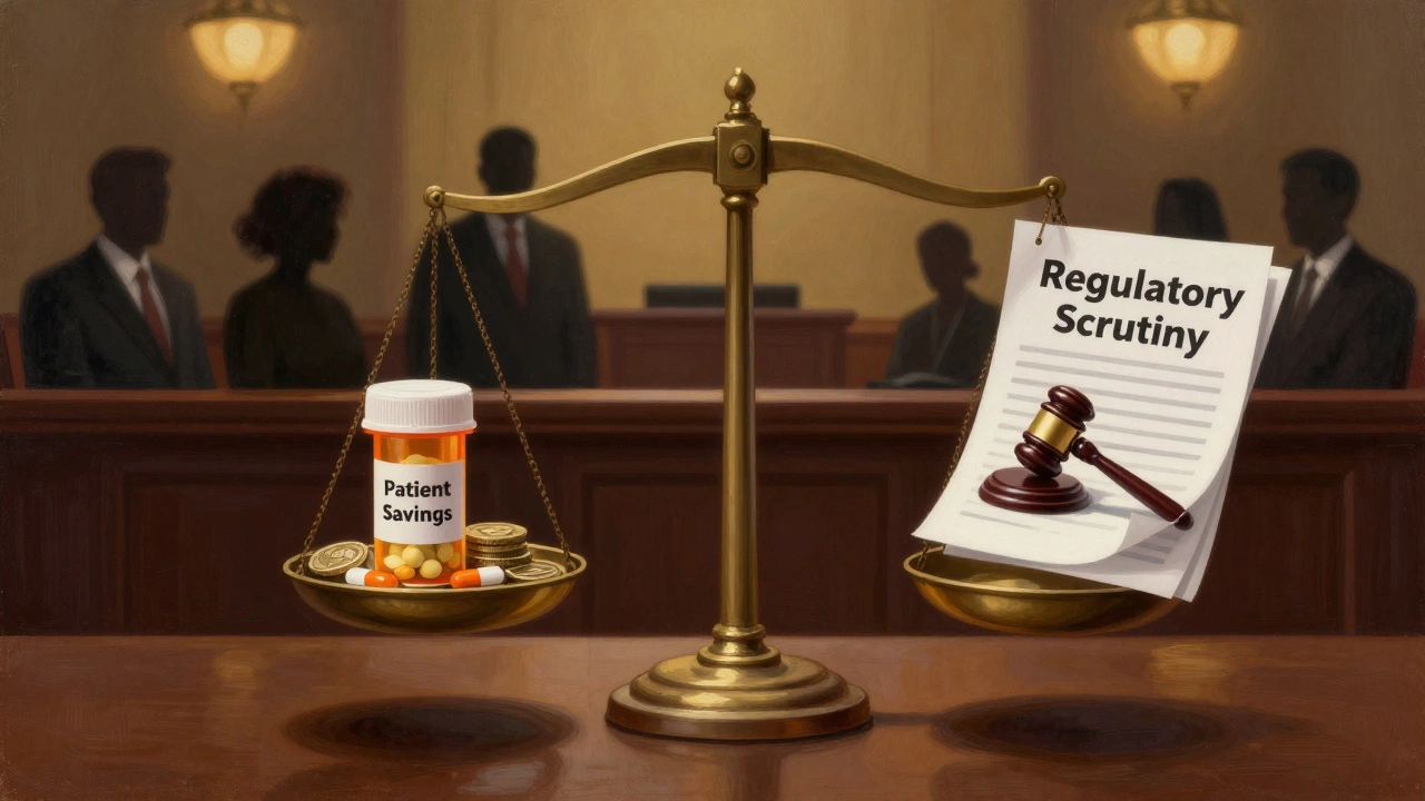 Balance scale weighing patient savings against regulatory legal documents