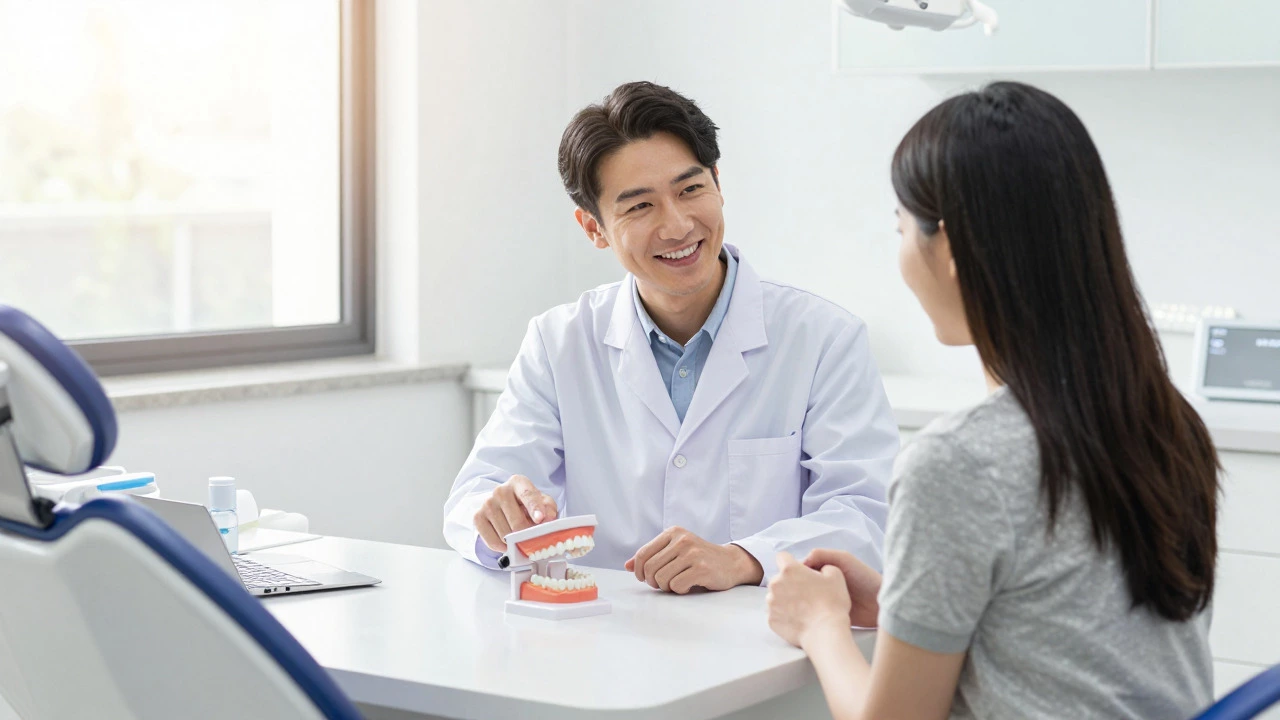 Dentist explaining implant options to a patient in clinic
