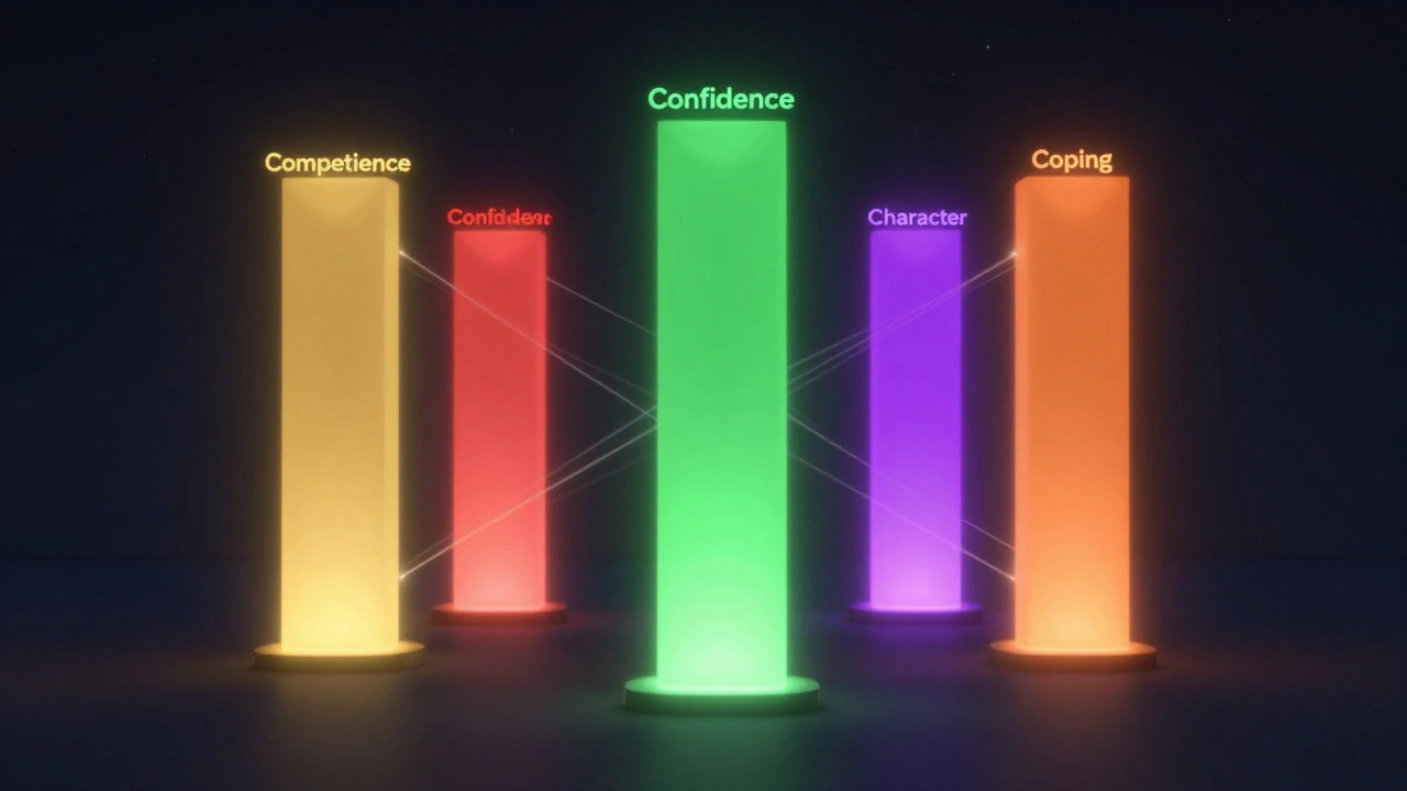 Five colorful pillars connected by light beams representing the 5 Cs framework