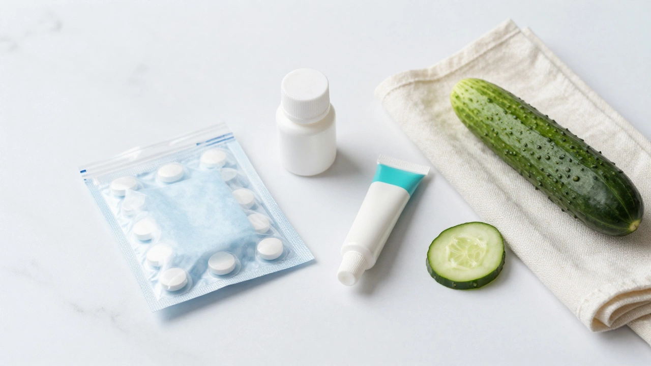 Ice packs and medication arranged for post-surgery recovery