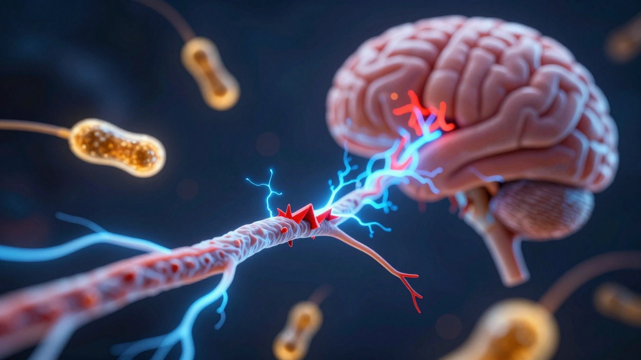 Microscopic view of nerve fibers with electrical pulses and healing cells