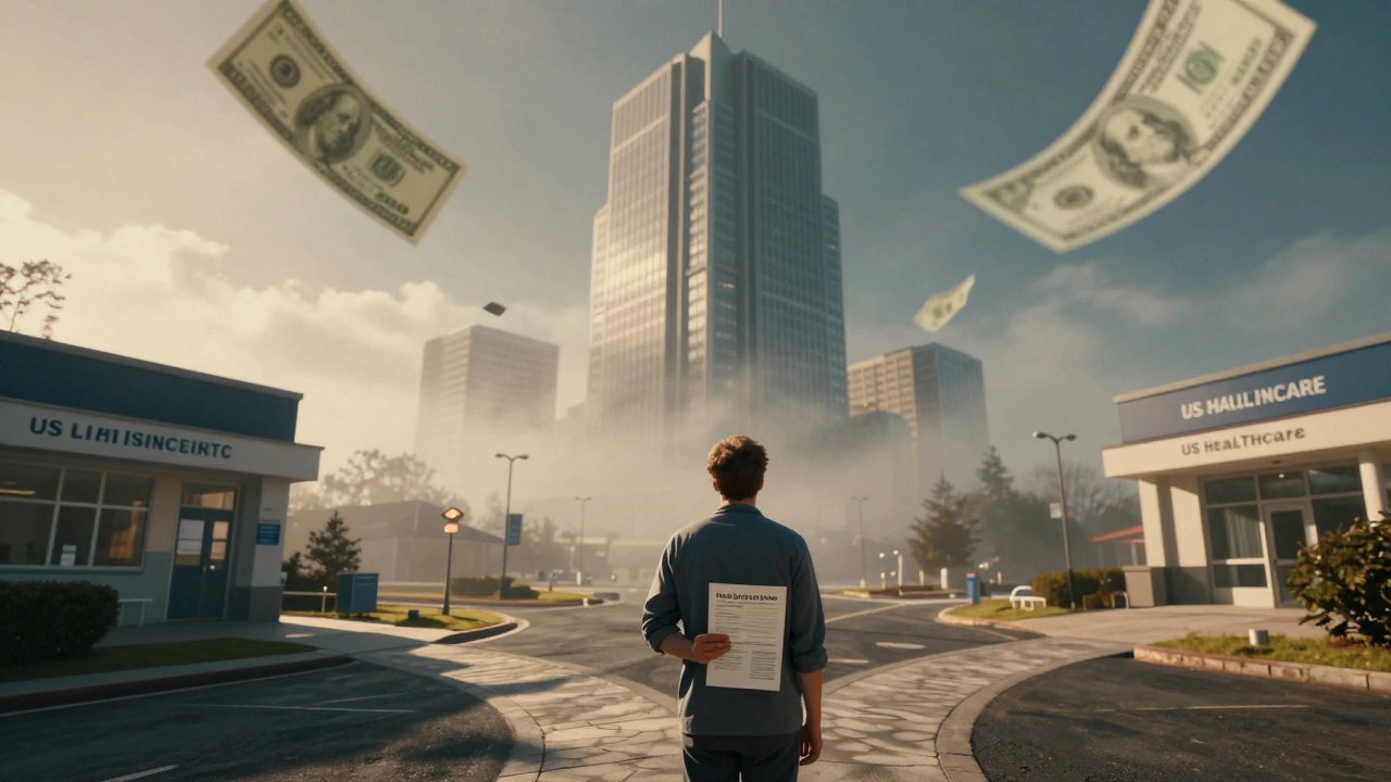 Patient choosing between affordable local care and expensive US healthcare tower