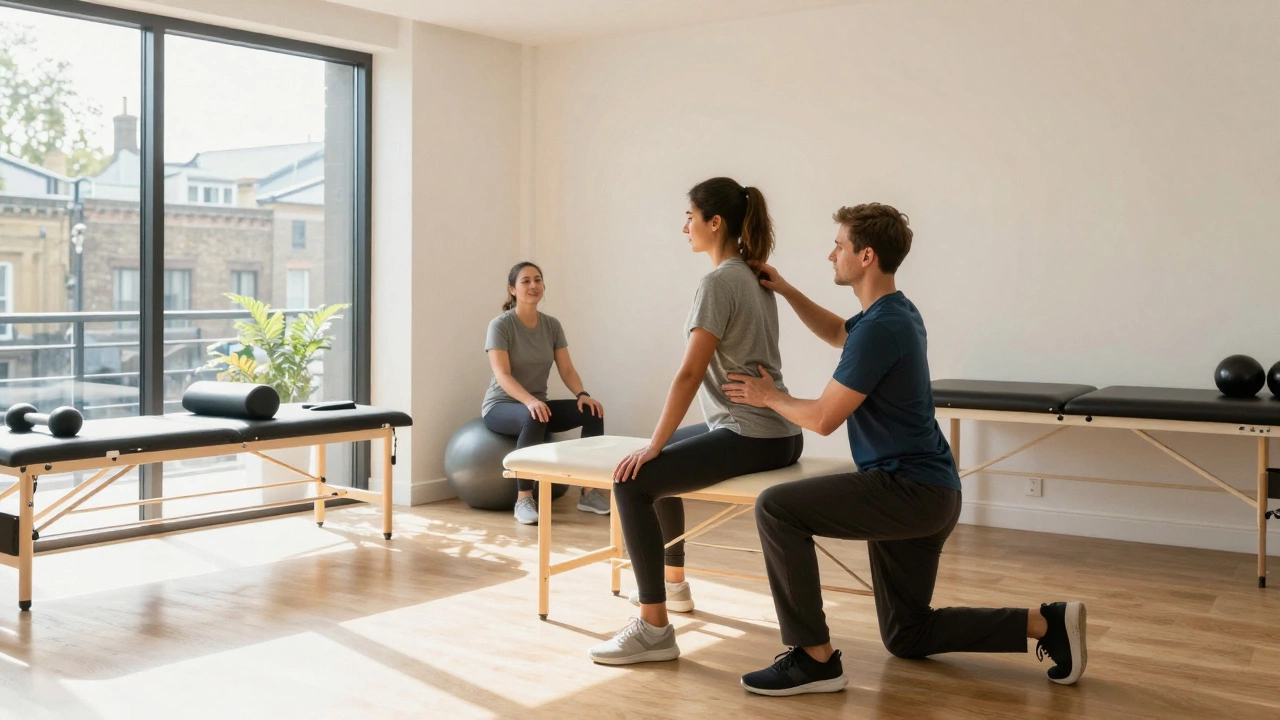 Patient undergoing physical therapy exercises in a bright, modern clinic.