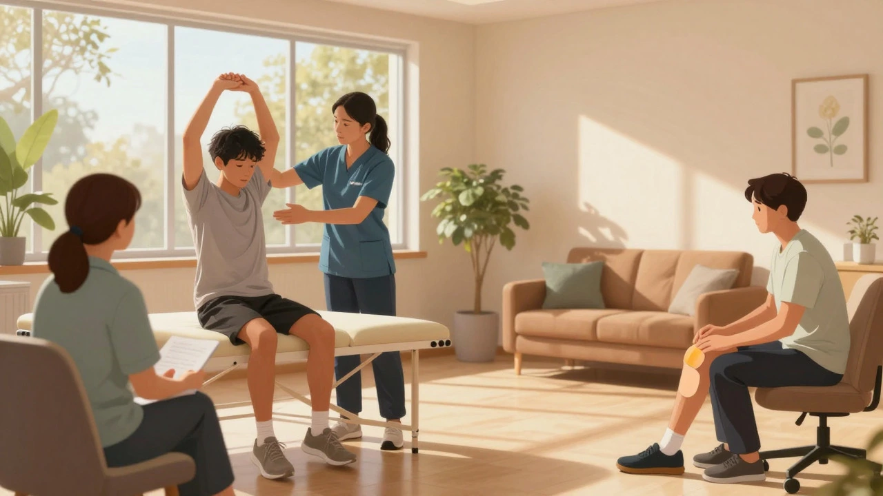 Patients engaging in physical therapy and counseling in a sunlit clinic.