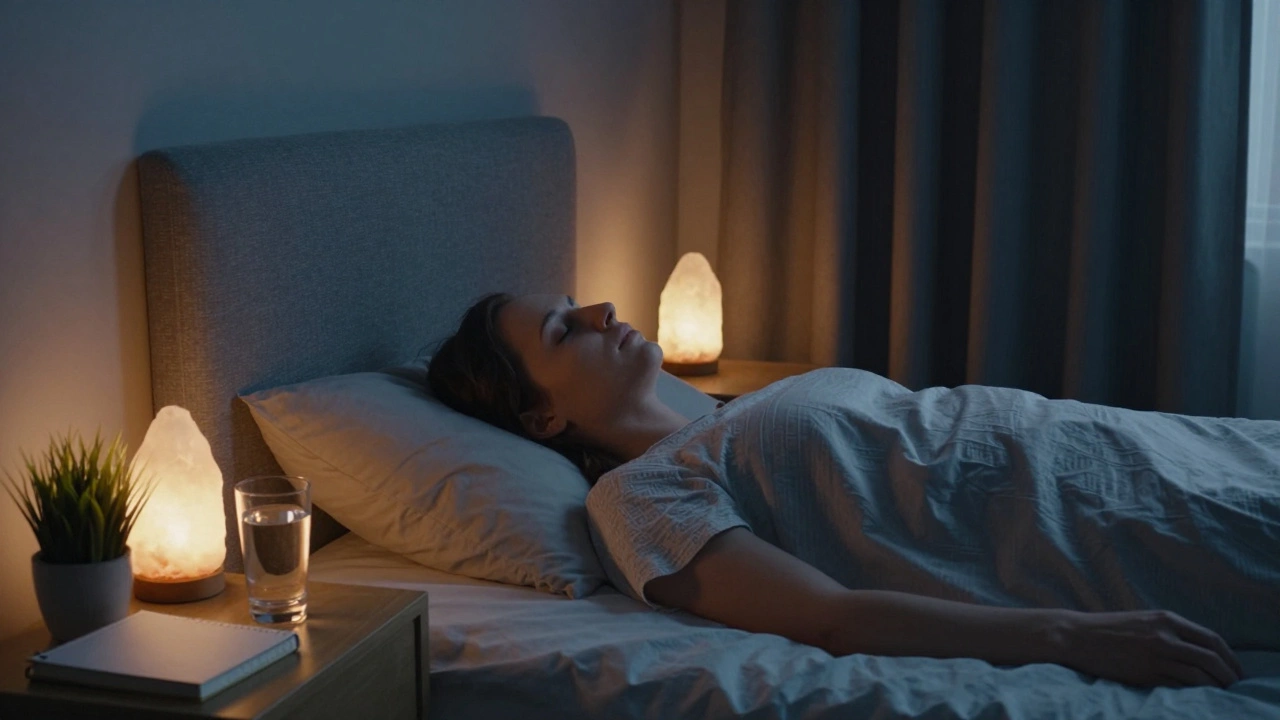 Person resting peacefully in a dark, cozy bedroom for better sleep