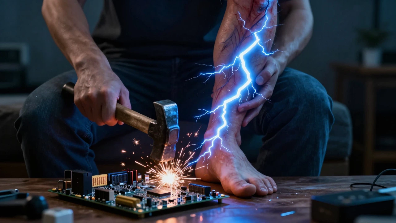 Person using a hammer to fix a circuit board, symbolizing wrong treatment for nerve pain.
