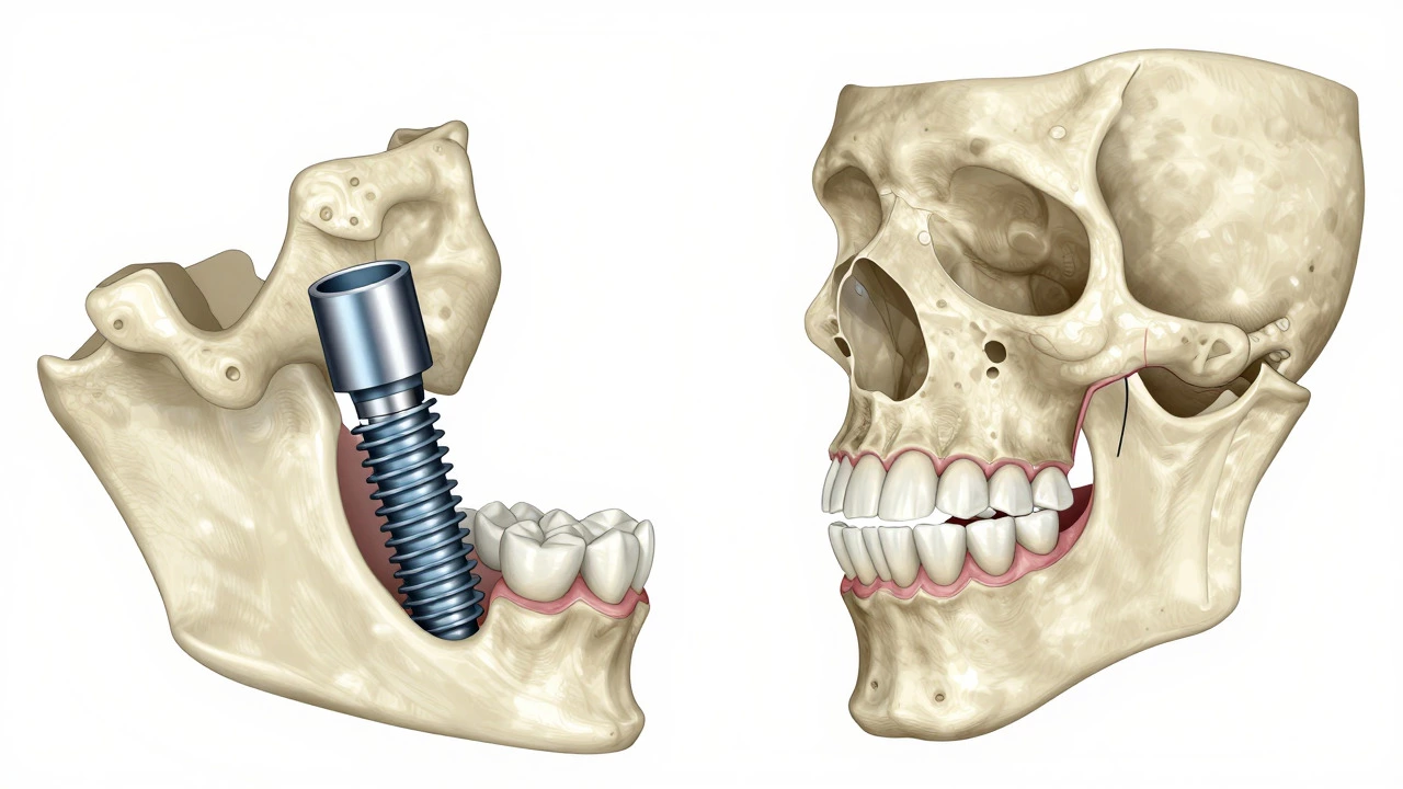 3D diagram comparing healthy jawbone with implant versus bone loss