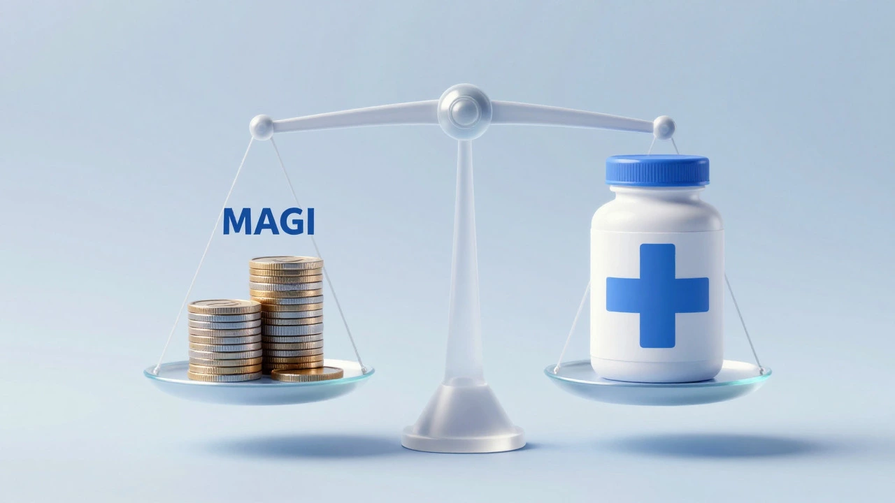 Abstract scale balancing coins and a medical cross to represent income-based premiums